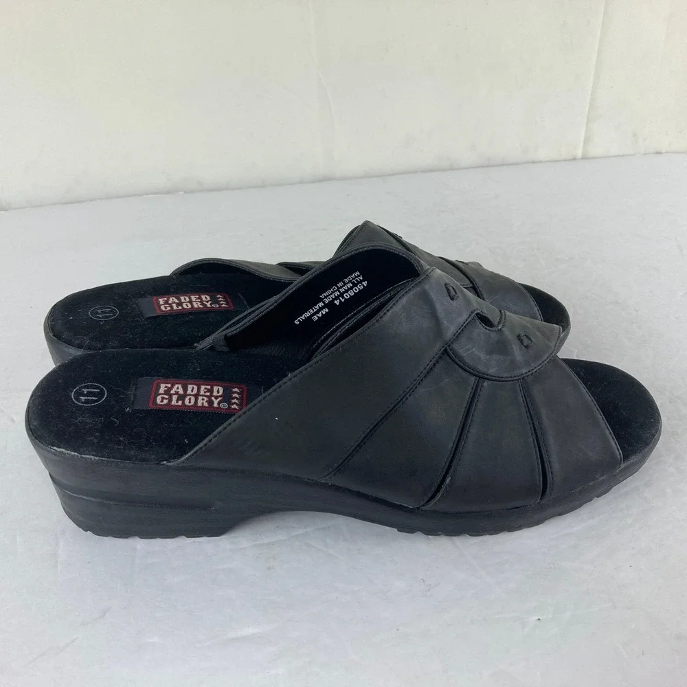 Vtg Y2K Retro Faded Glory Mae Black Wedge‎ Sandals Womens Sz 11 Slip On Slide